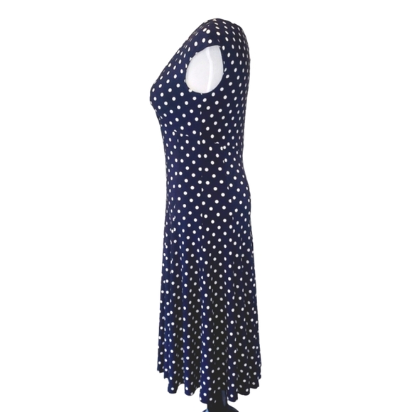 🔥Lauren Ralph Lauren Navy Blue/White Polka Dot Sleeveless Vneck Midi Dress SZ 4 - Picture 3 of 10